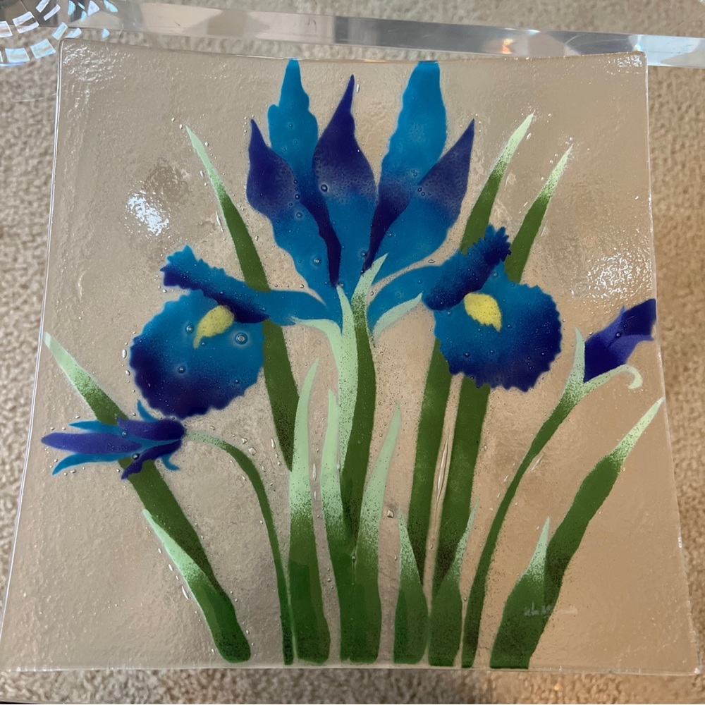 Wm McGrath fusion glass iris 10” square plate dinner server EUC signed - Picture 5 of 8